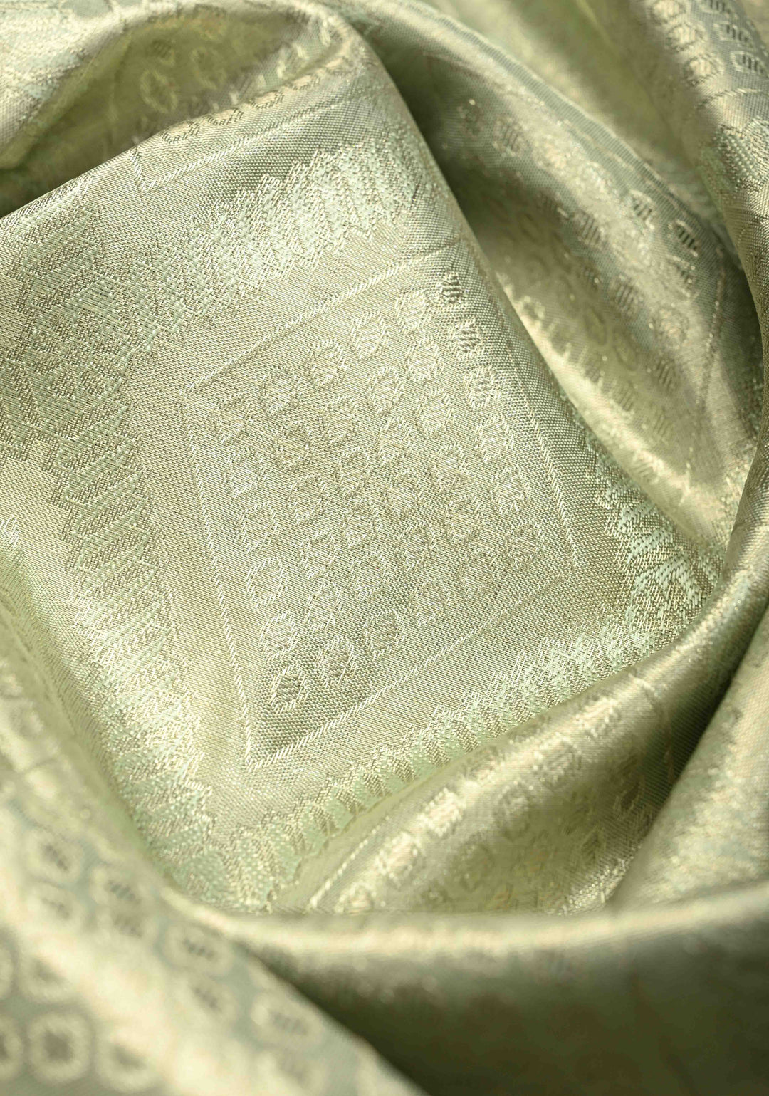 Sage Green Pure Kanjivaram Tissue Silk Saree with Meenakari Geometric Brocade Jaal and Zari Border | SILK MARK CERTIFIED