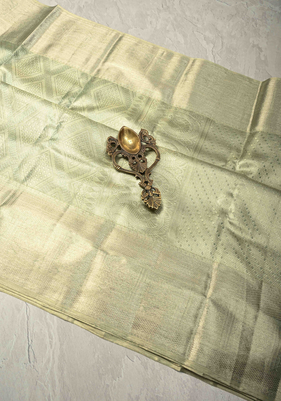 Sage Green Pure Kanjivaram Tissue Silk Saree with Meenakari Geometric Brocade Jaal and Zari Border | SILK MARK CERTIFIED