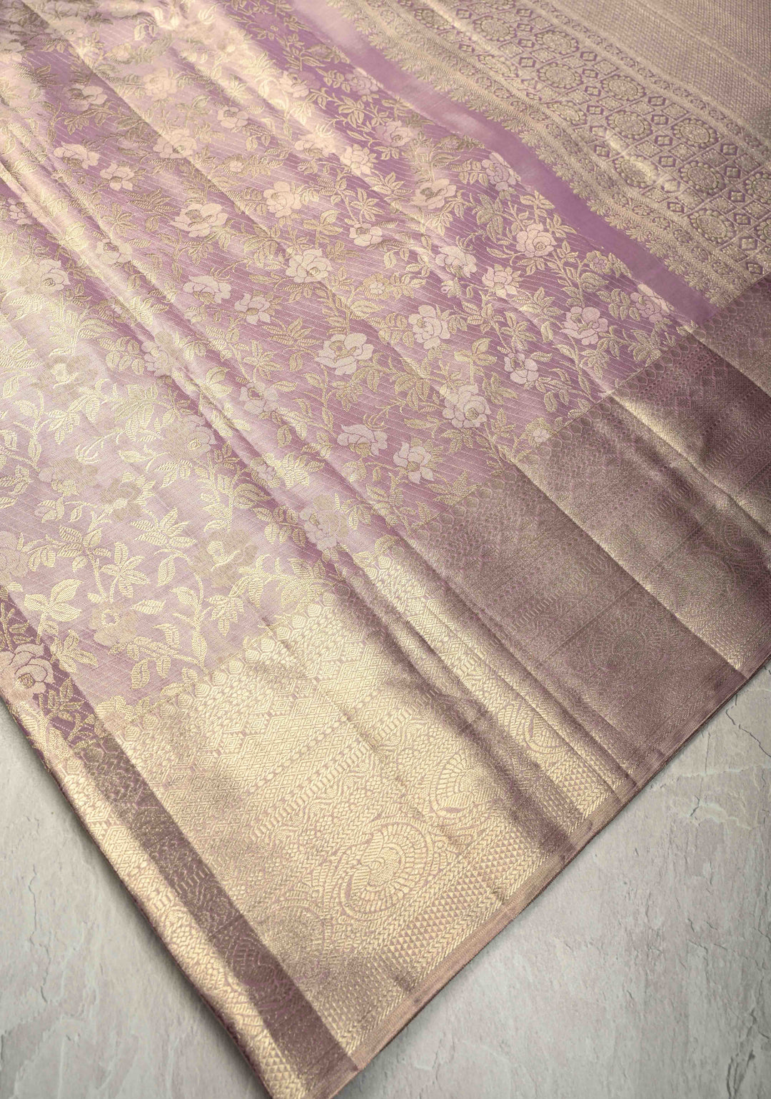 Soft Dusty Mauve Tissue Kanjivaram Pure Silk Saree with Floral Zari Brocade Jaal with Zari Border  | SILK MARK CERTIFIED