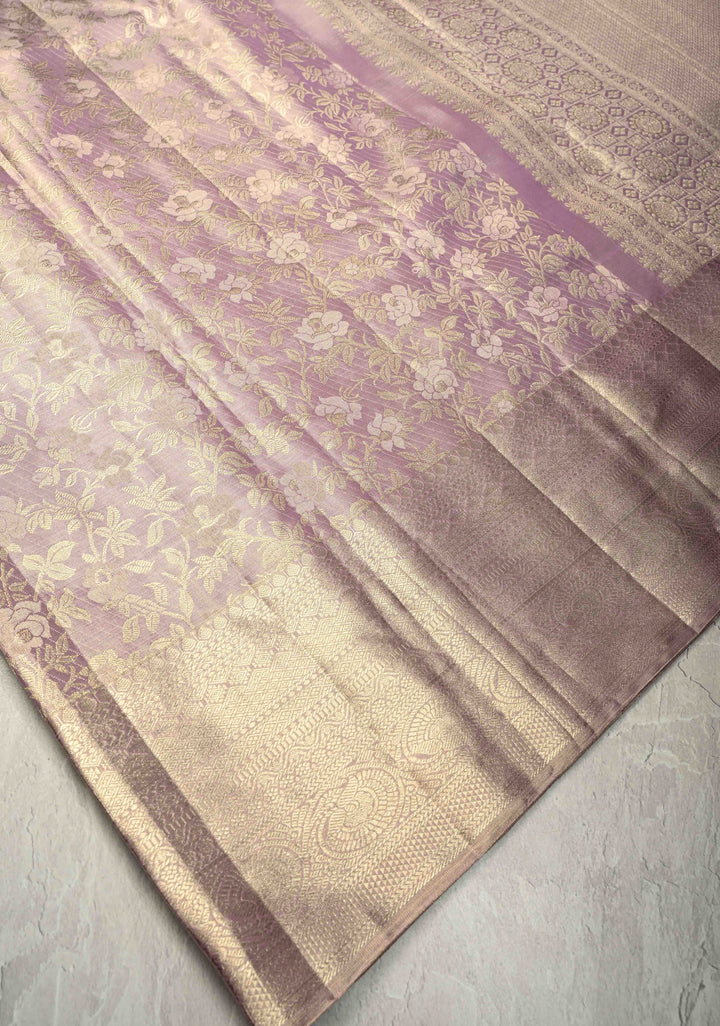 Soft Dusty Mauve Tissue Kanjivaram Pure Silk Saree with Floral Zari Brocade Jaal with Zari Border  | SILK MARK CERTIFIED