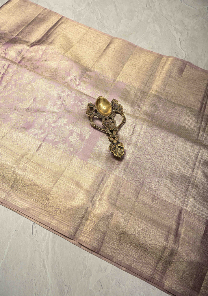 Soft Dusty Mauve Tissue Kanjivaram Pure Silk Saree with Floral Zari Brocade Jaal with Zari Border  | SILK MARK CERTIFIED
