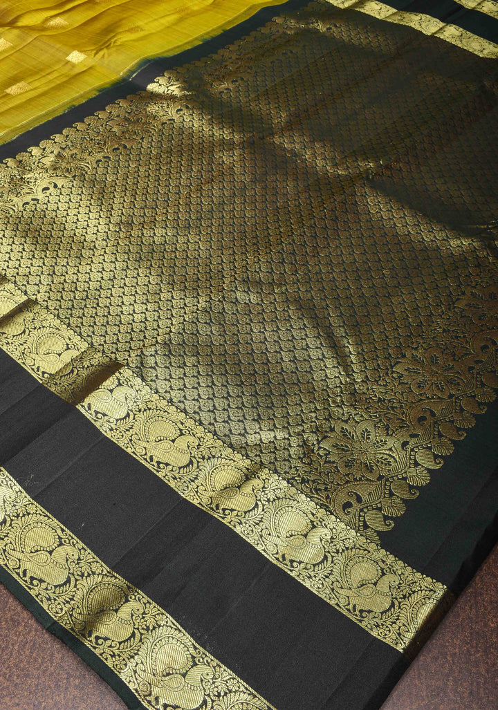 Methi Green Pure Kanjivaram Silk Saree with Buttas and Black Gap Zari Border| SILK MARK CERTIFIED