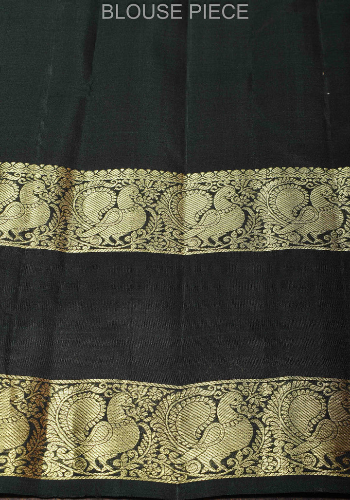 Methi Green Pure Kanjivaram Silk Saree with Buttas and Black Gap Zari Border| SILK MARK CERTIFIED