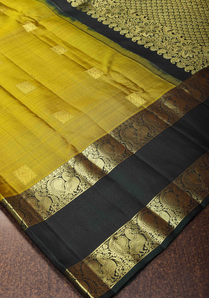 Methi Green Pure Kanjivaram Silk Saree with Buttas and Black Gap Zari Border| SILK MARK CERTIFIED