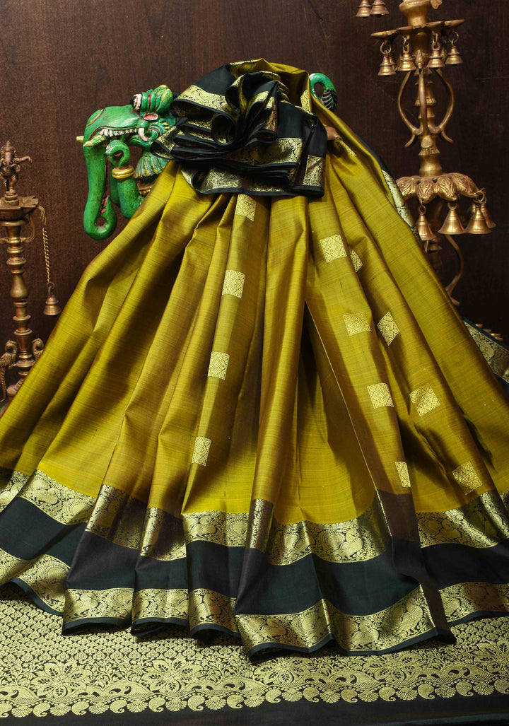 Methi Green Pure Kanjivaram Silk Saree with Buttas and Black Gap Zari Border| SILK MARK CERTIFIED