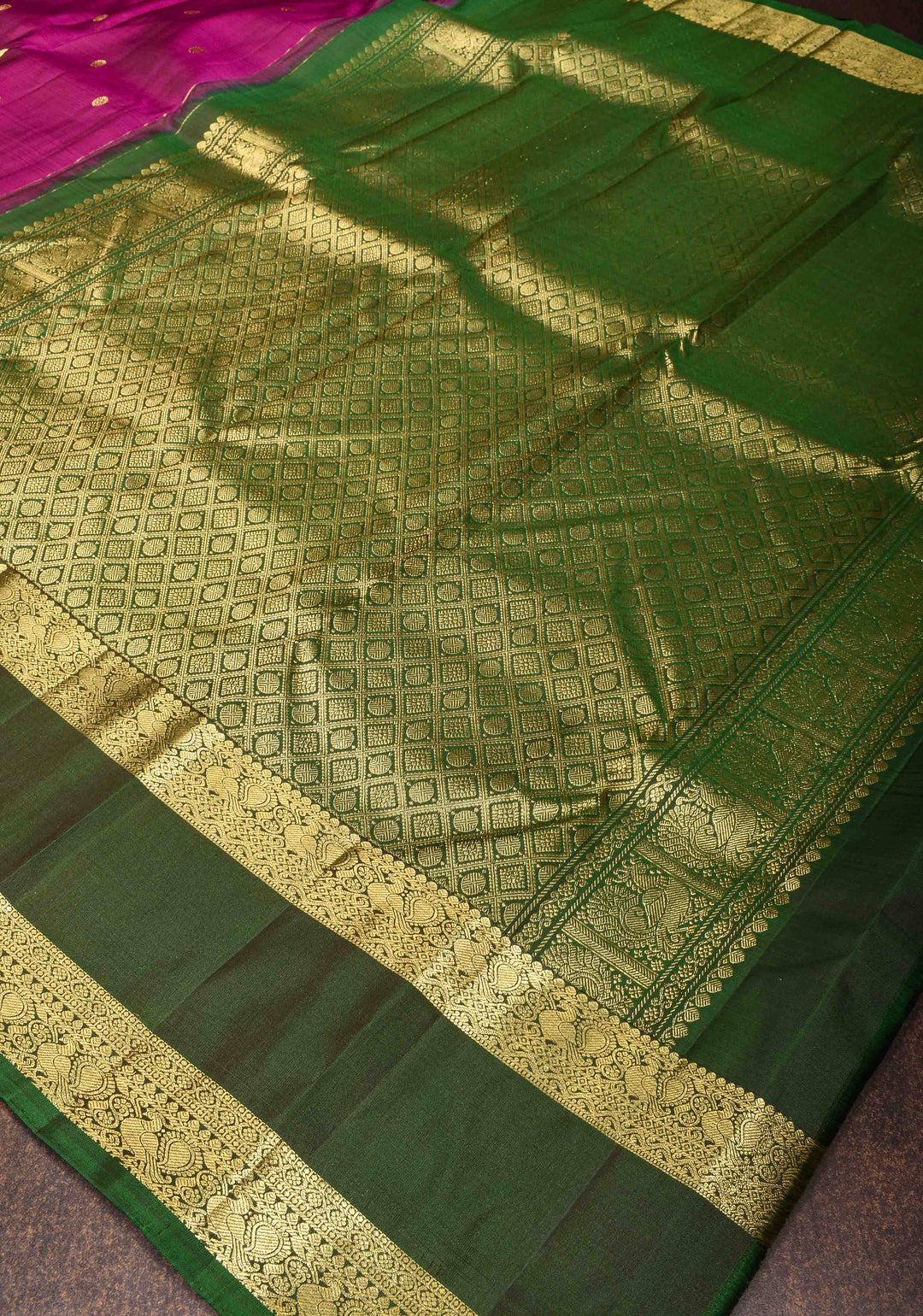 Vadamalli Purple Pure Kanjivaram Silk Saree with Dainty Buttas and Deep Green Gap Zari Border| SILK MARK CERTIFIED
