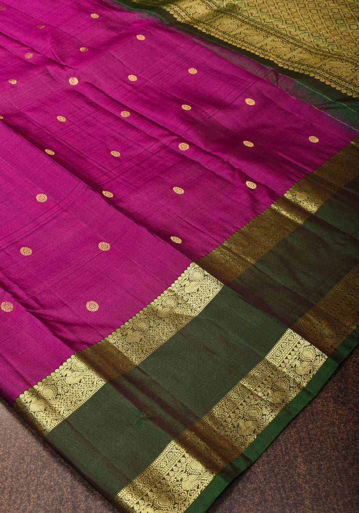 Vadamalli Purple Pure Kanjivaram Silk Saree with Dainty Buttas and Deep Green Gap Zari Border| SILK MARK CERTIFIED