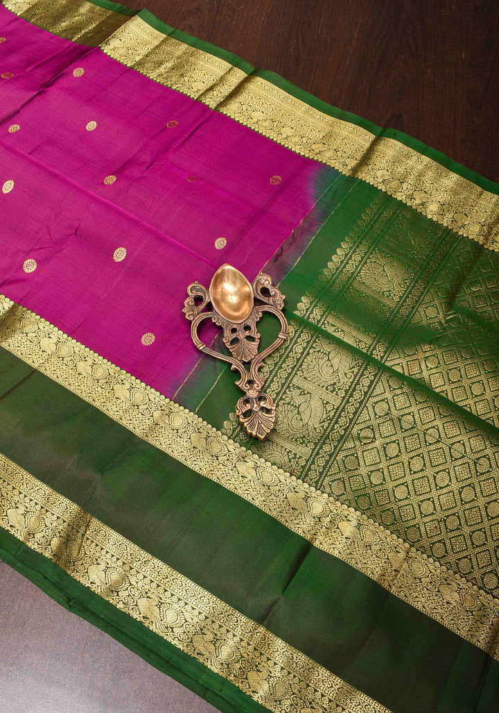 Vadamalli Purple Pure Kanjivaram Silk Saree with Dainty Buttas and Deep Green Gap Zari Border| SILK MARK CERTIFIED