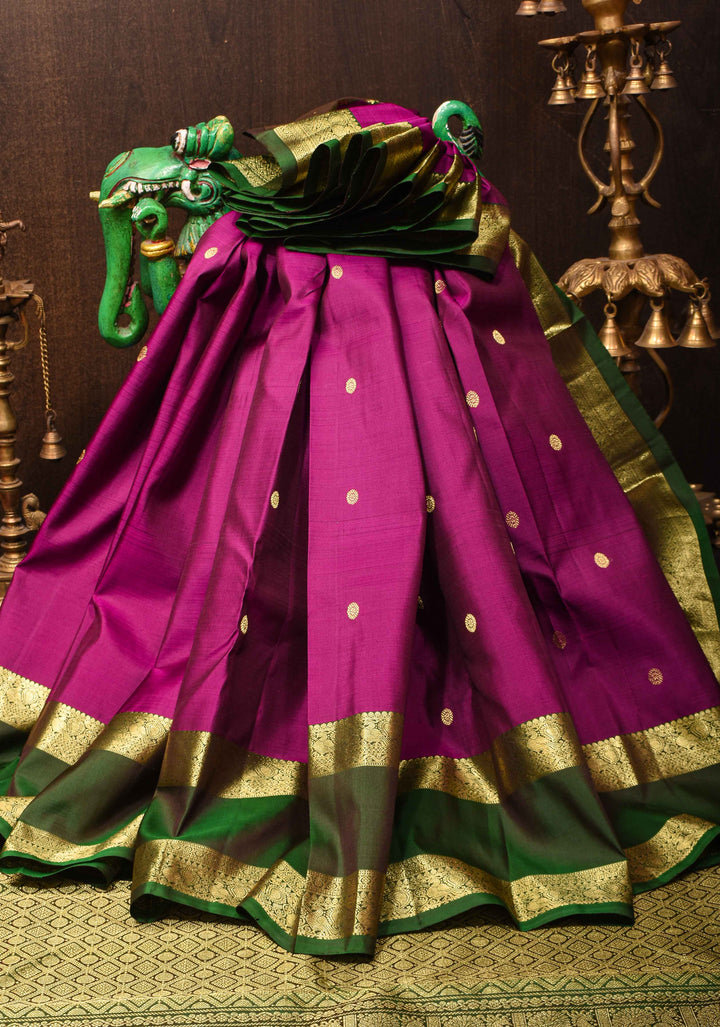 Vadamalli Purple Pure Kanjivaram Silk Saree with Dainty Buttas and Deep Green Gap Zari Border| SILK MARK CERTIFIED