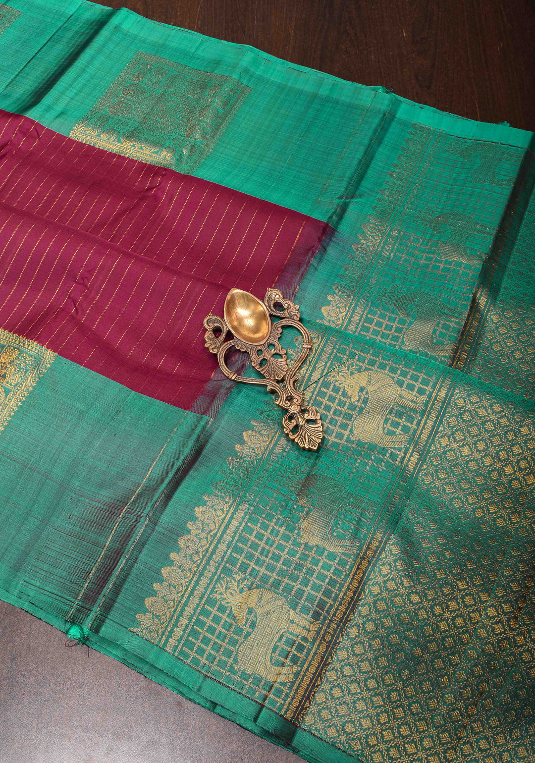 Plum Pure Kanjivaram Silk Saree with Zari Stripes and Contrast Teal Border | SILK MARK CERTIFIED