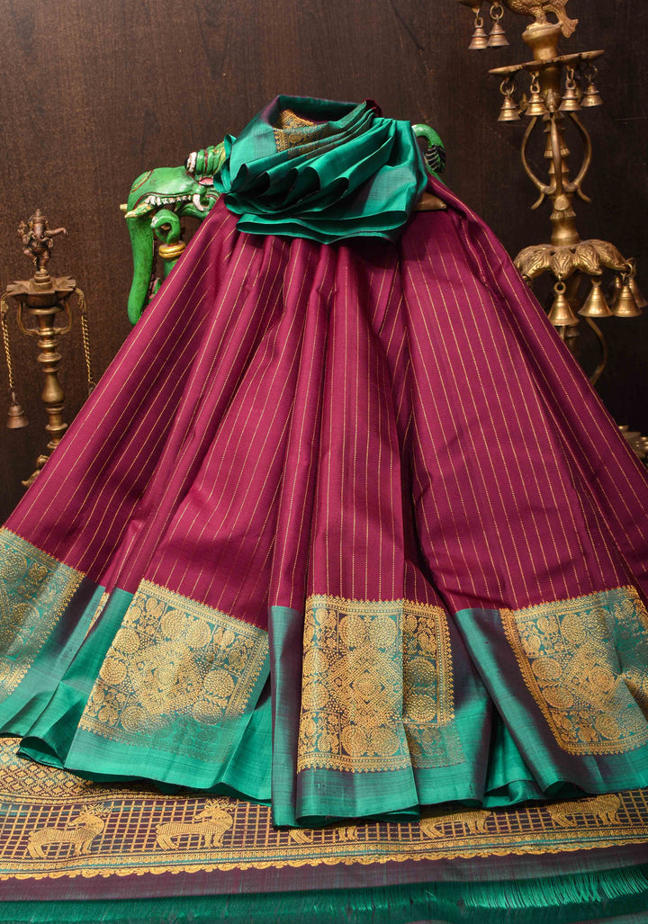Plum Pure Kanjivaram Silk Saree with Zari Stripes and Contrast Teal Border | SILK MARK CERTIFIED