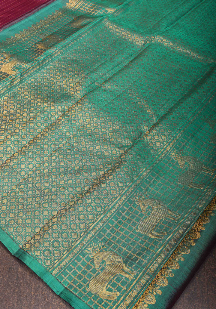 Plum Pure Kanjivaram Silk Saree with Zari Stripes and Contrast Teal Border | SILK MARK CERTIFIED