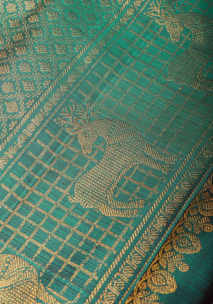 Plum Pure Kanjivaram Silk Saree with Zari Stripes and Contrast Teal Border | SILK MARK CERTIFIED