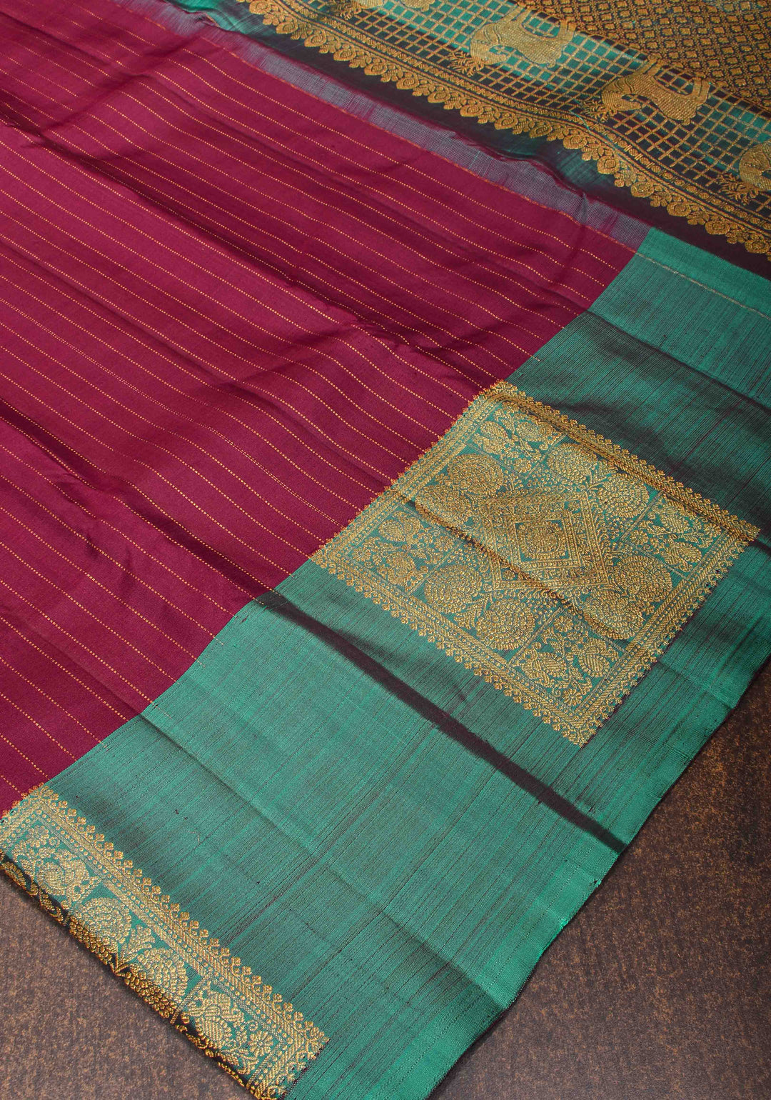 Plum Pure Kanjivaram Silk Saree with Zari Stripes and Contrast Teal Border | SILK MARK CERTIFIED
