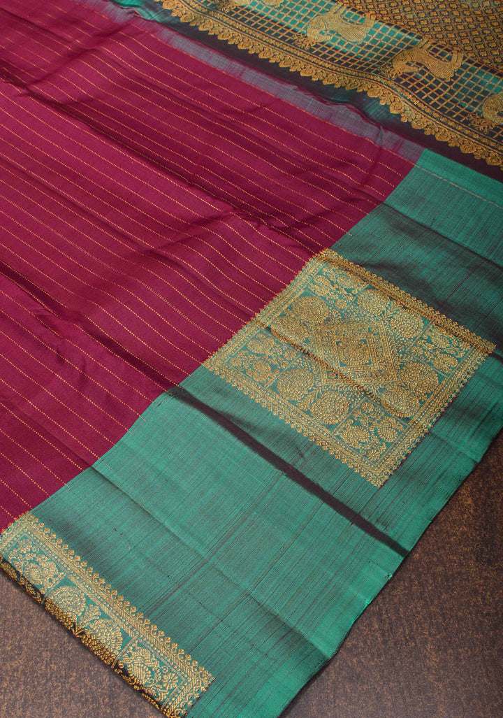 Plum Pure Kanjivaram Silk Saree with Zari Stripes and Contrast Teal Border | SILK MARK CERTIFIED