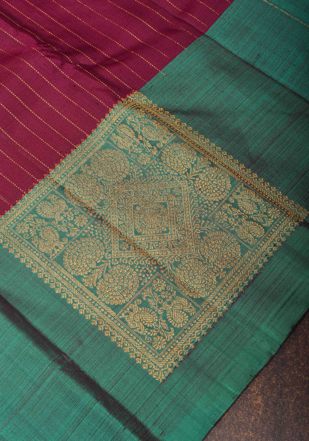 Plum Pure Kanjivaram Silk Saree with Zari Stripes and Contrast Teal Border | SILK MARK CERTIFIED