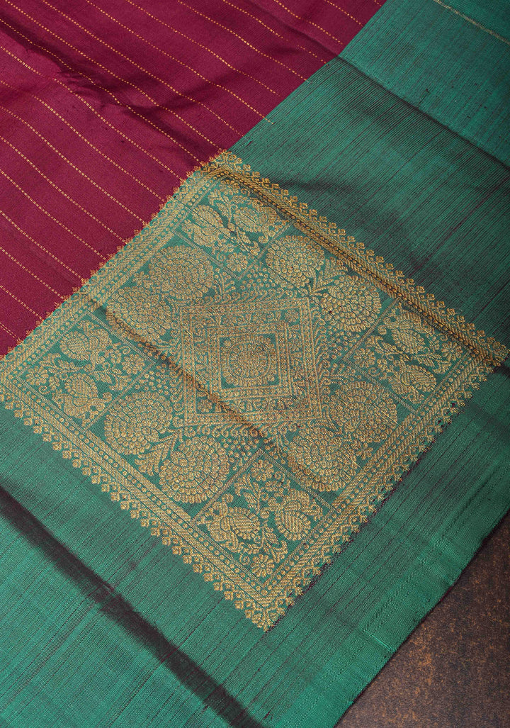 Plum Pure Kanjivaram Silk Saree with Zari Stripes and Contrast Teal Border | SILK MARK CERTIFIED