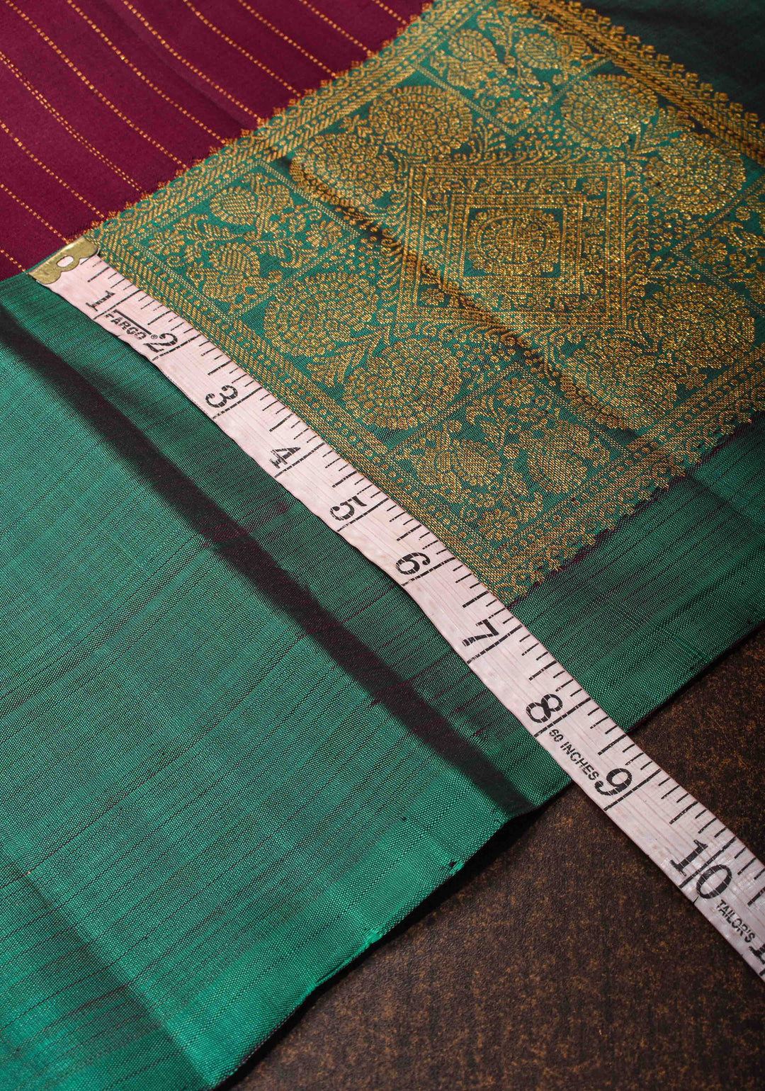 Plum Pure Kanjivaram Silk Saree with Zari Stripes and Contrast Teal Border | SILK MARK CERTIFIED