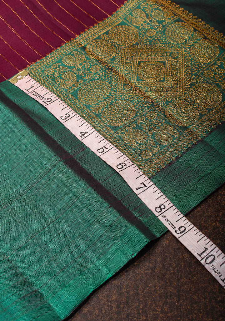 Plum Pure Kanjivaram Silk Saree with Zari Stripes and Contrast Teal Border | SILK MARK CERTIFIED
