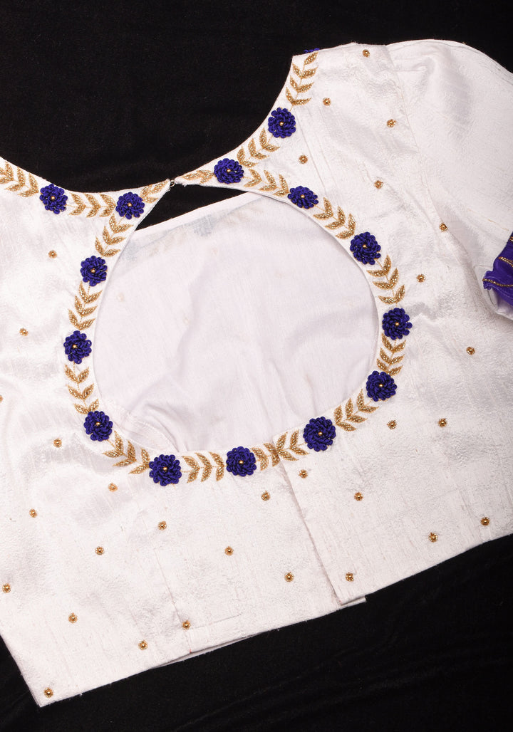 White Raw Silk Embroidery and Zardozi Blouse, Made to Order