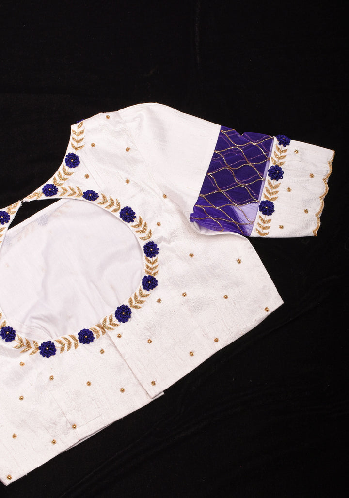 White Raw Silk Embroidery and Zardozi Blouse, Made to Order
