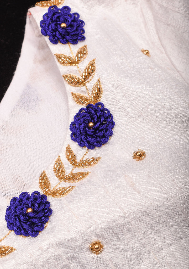 White Raw Silk Embroidery and Zardozi Blouse, Made to Order