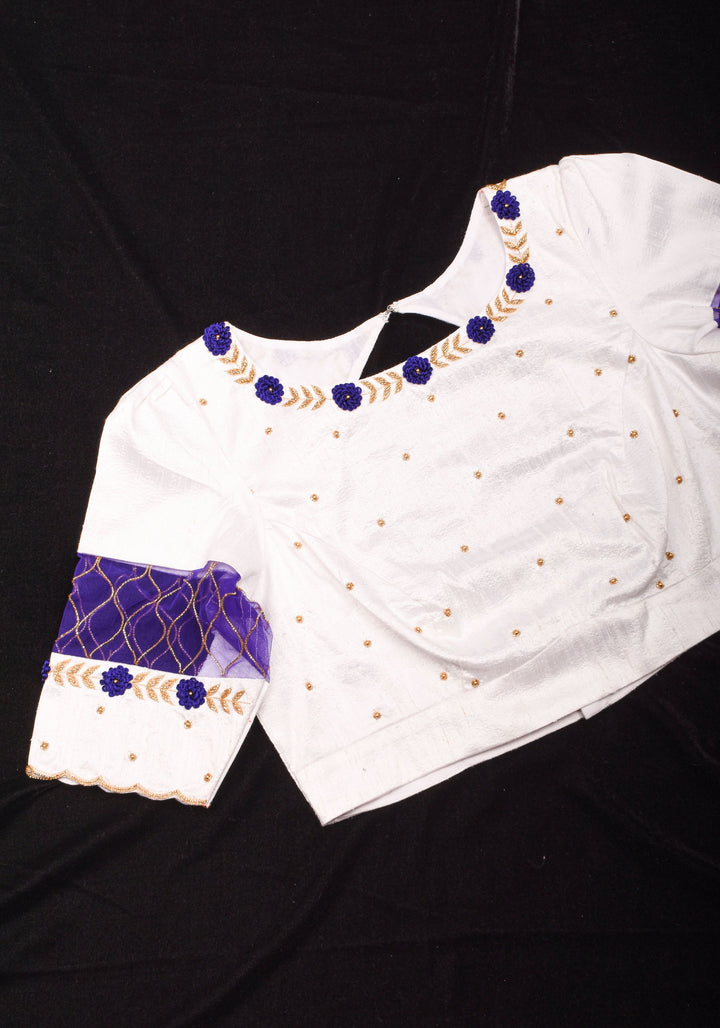 White Raw Silk Embroidery and Zardozi Blouse, Made to Order