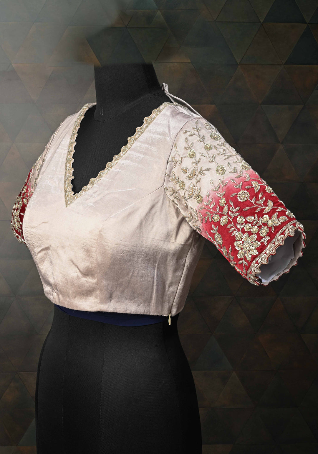 SIZE 38" Contemporary Silver Ombre Blouse with Cutdana Embellished on Sleeves and Neck