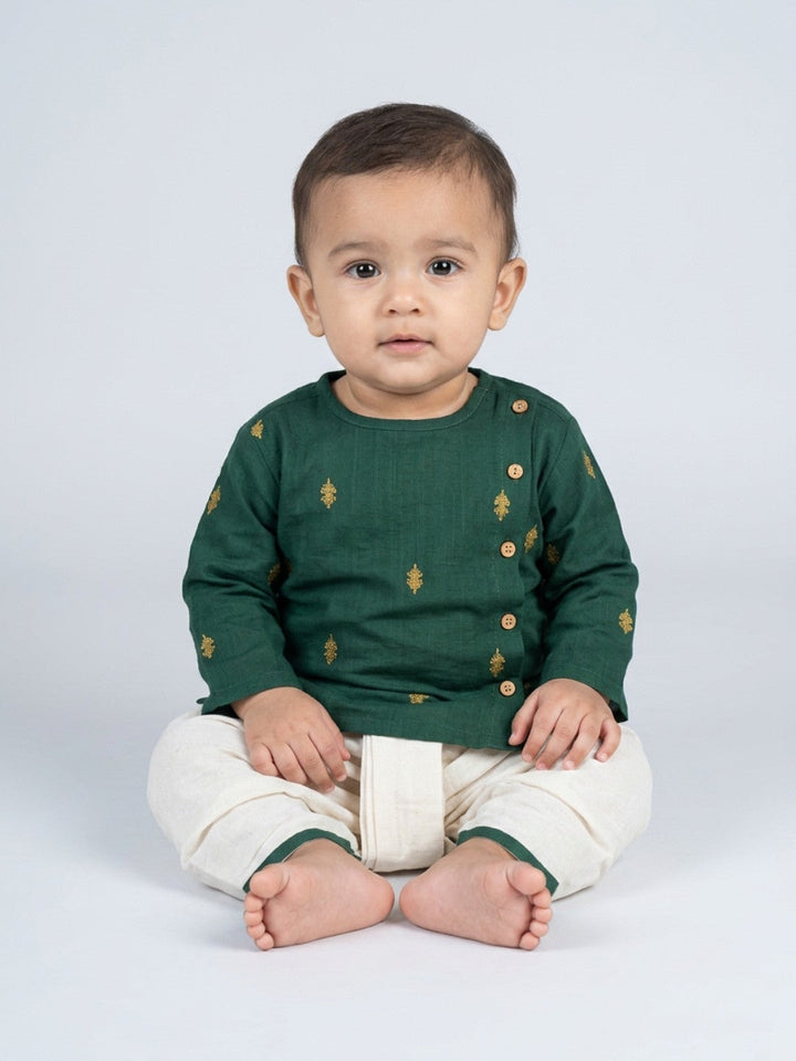 Infants round neck Green color cotton dhoti kurta set with side button closure | SHOBITAM