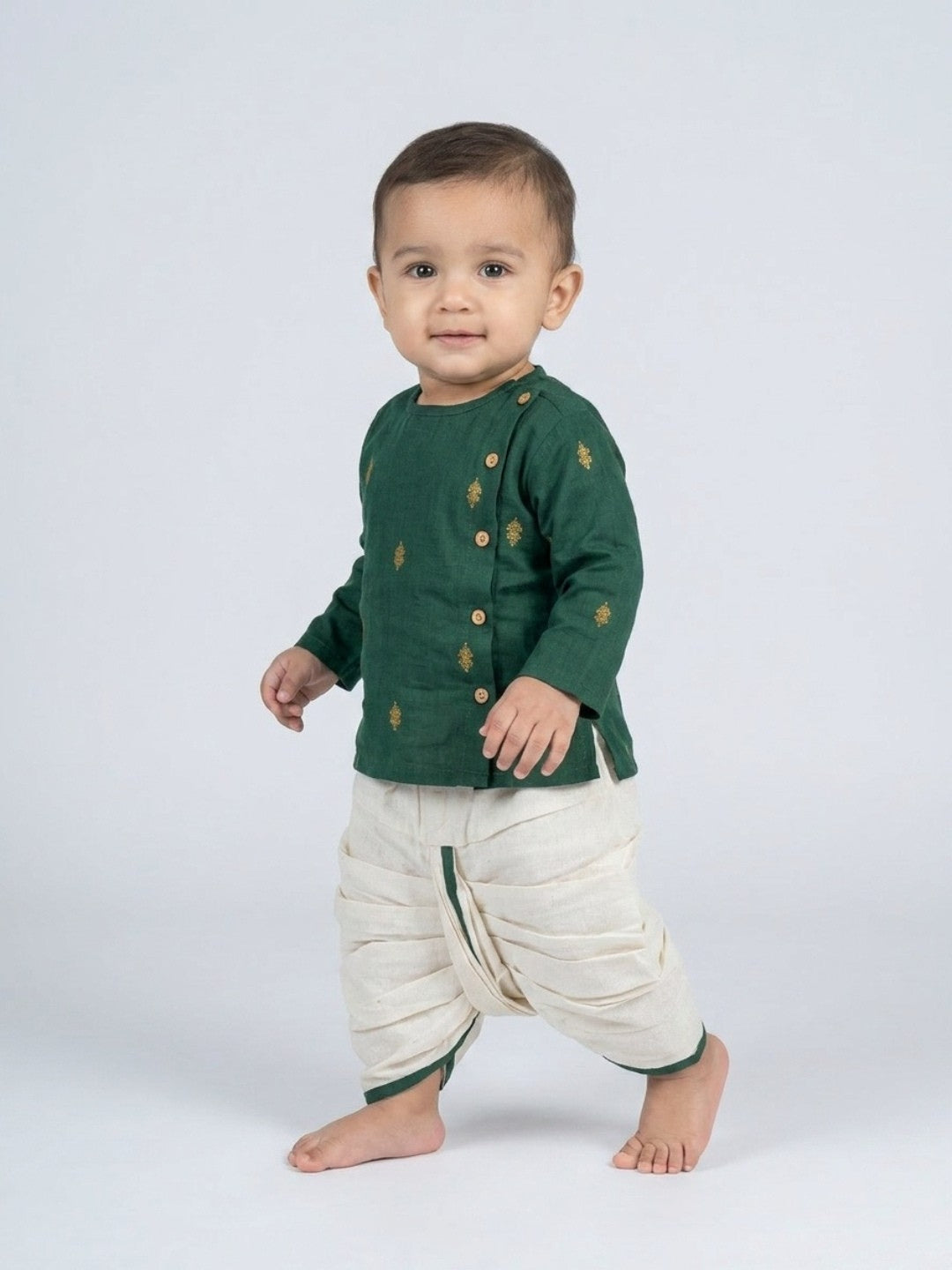 Infants round neck Green color cotton dhoti kurta set with side button closure | SHOBITAM