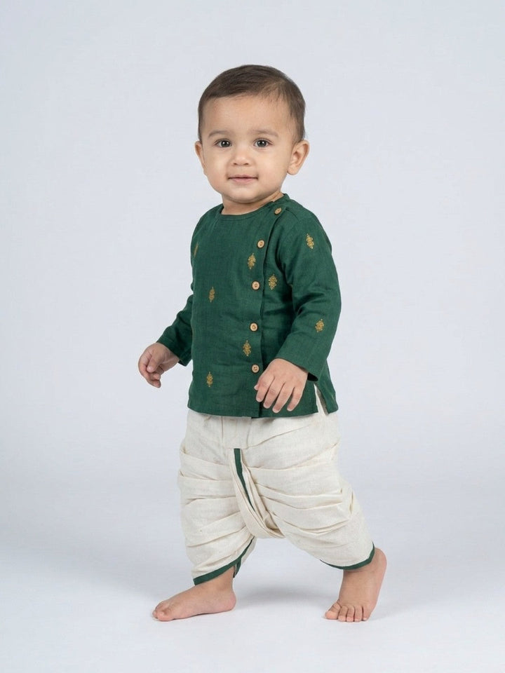 Infants round neck Green color cotton dhoti kurta set with side button closure | SHOBITAM
