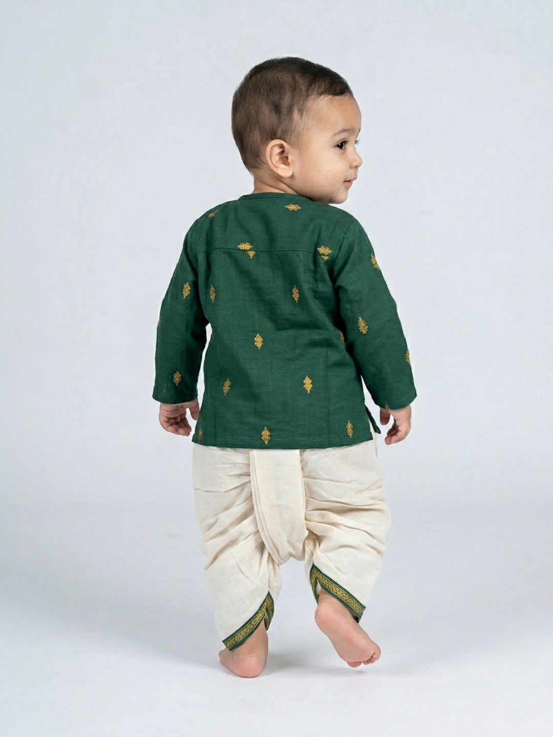 Infants round neck Green color cotton dhoti kurta set with side button closure | SHOBITAM