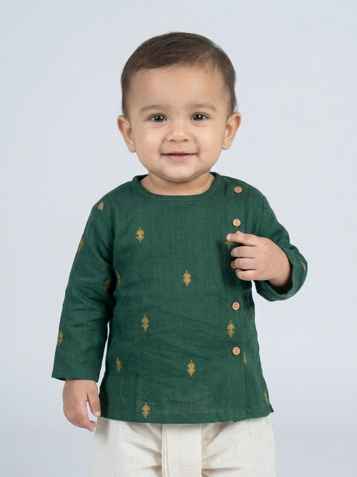Infants round neck Green color cotton dhoti kurta set with side button closure | SHOBITAM