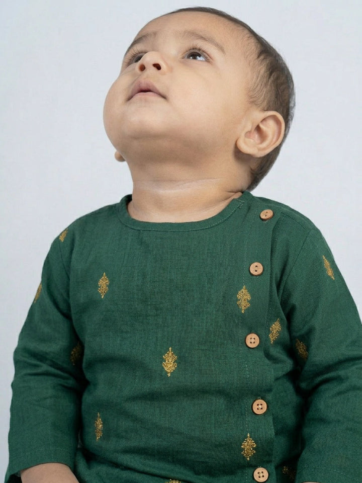 Infants round neck Green color cotton dhoti kurta set with side button closure | SHOBITAM