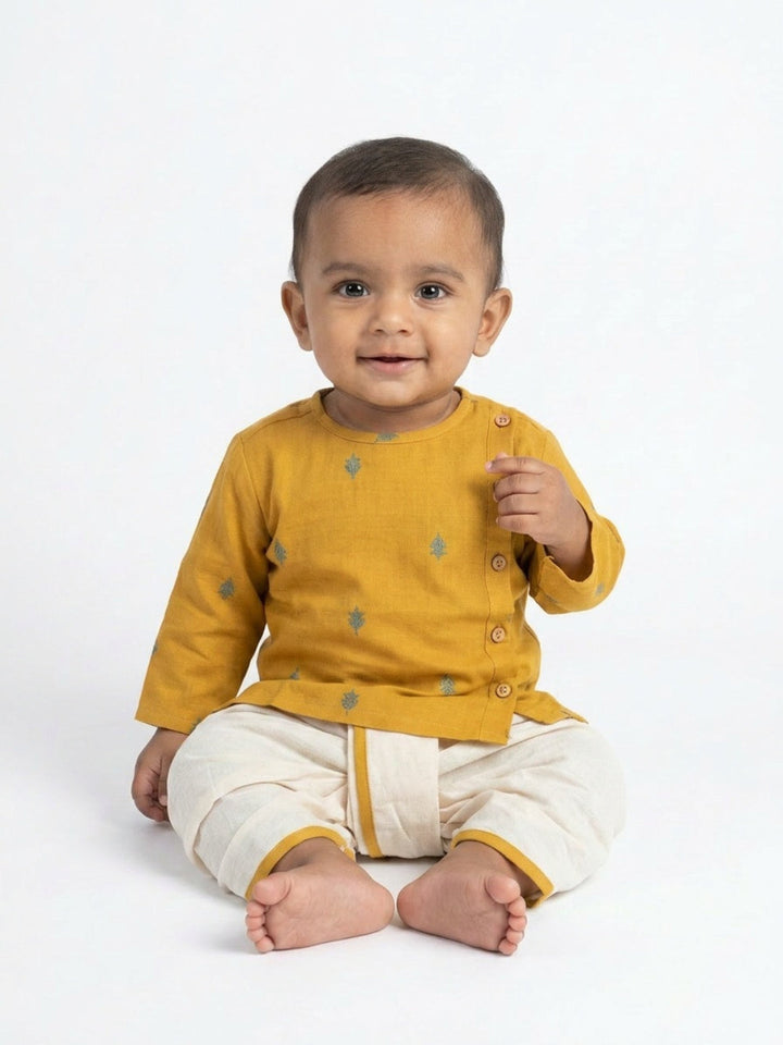 Infants round neck Mustard color cotton dhoti kurta set with side button closure | SHOBITAM