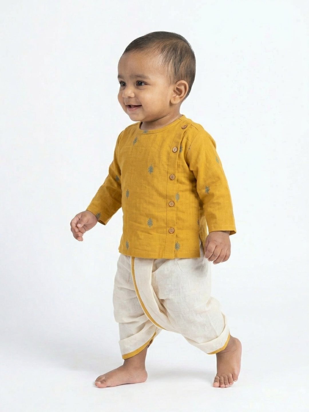 Infants round neck Mustard color cotton dhoti kurta set with side button closure | SHOBITAM