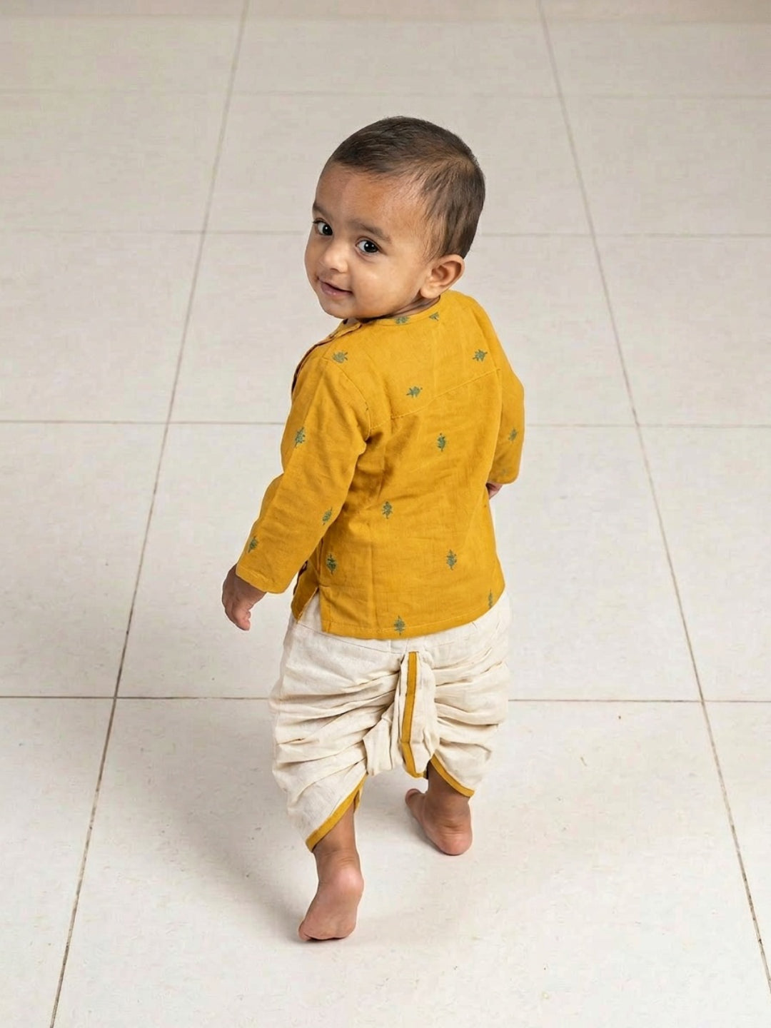 Infants round neck Mustard color cotton dhoti kurta set with side button closure | SHOBITAM
