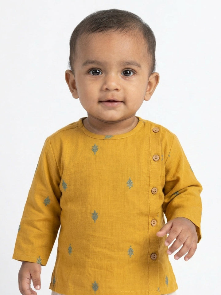 Infants round neck Mustard color cotton dhoti kurta set with side button closure | SHOBITAM