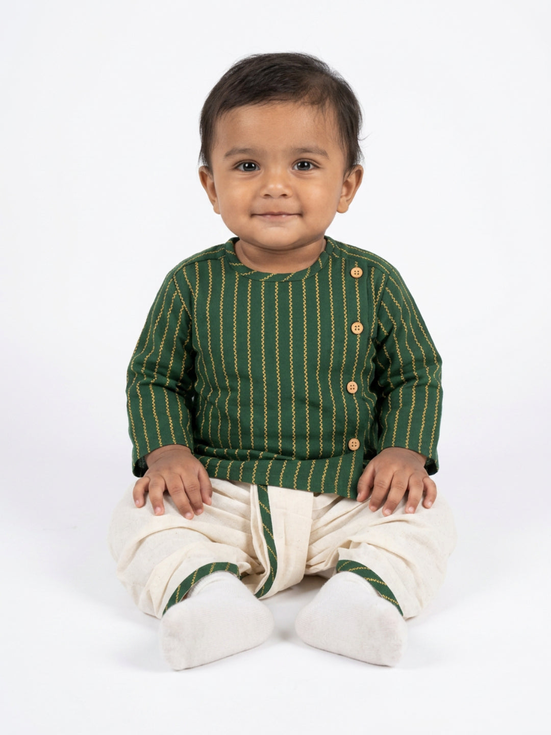 Infants round neck Vertical stripe design Green color cotton dhoti kurta set with side button closure | SHOBITAM