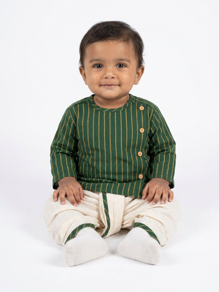 Infants round neck Vertical stripe design Green color cotton dhoti kurta set with side button closure | SHOBITAM