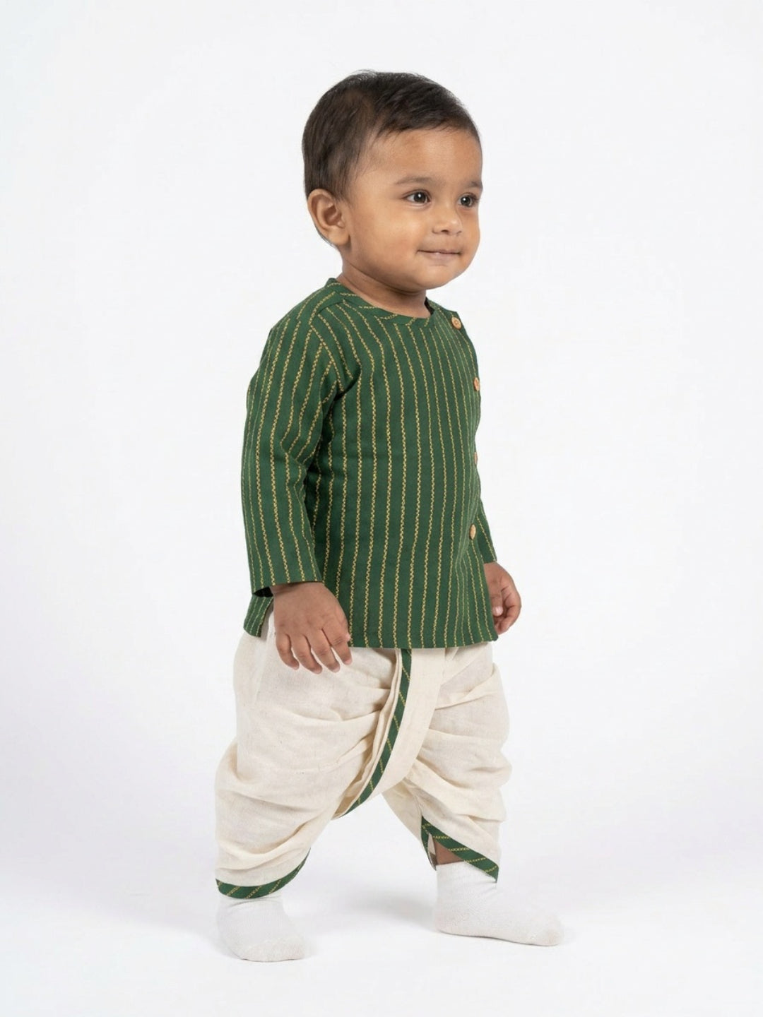 Infants round neck Vertical stripe design Green color cotton dhoti kurta set with side button closure | SHOBITAM