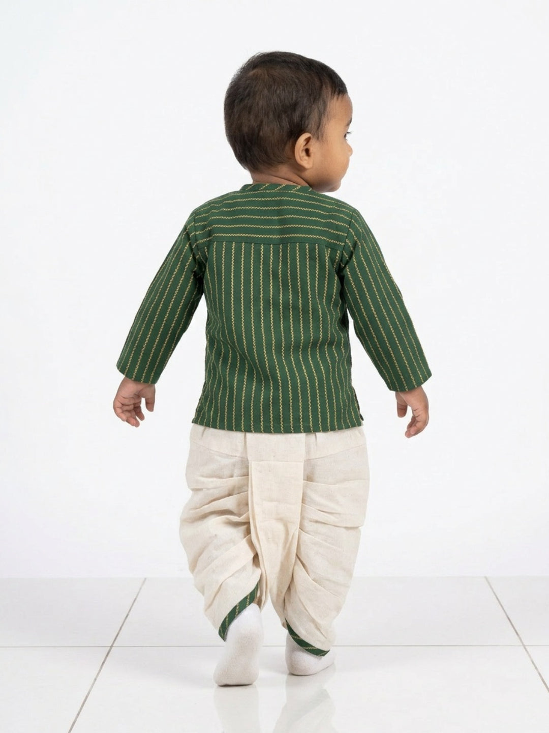 Infants round neck Vertical stripe design Green color cotton dhoti kurta set with side button closure | SHOBITAM