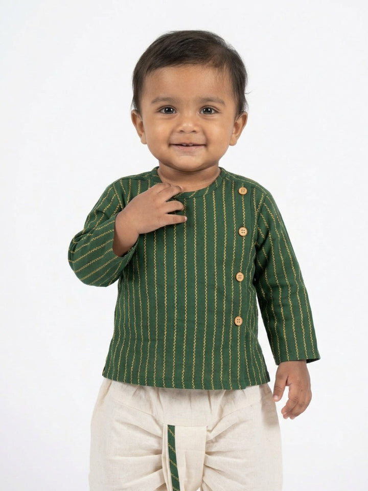 Infants round neck Vertical stripe design Green color cotton dhoti kurta set with side button closure | SHOBITAM