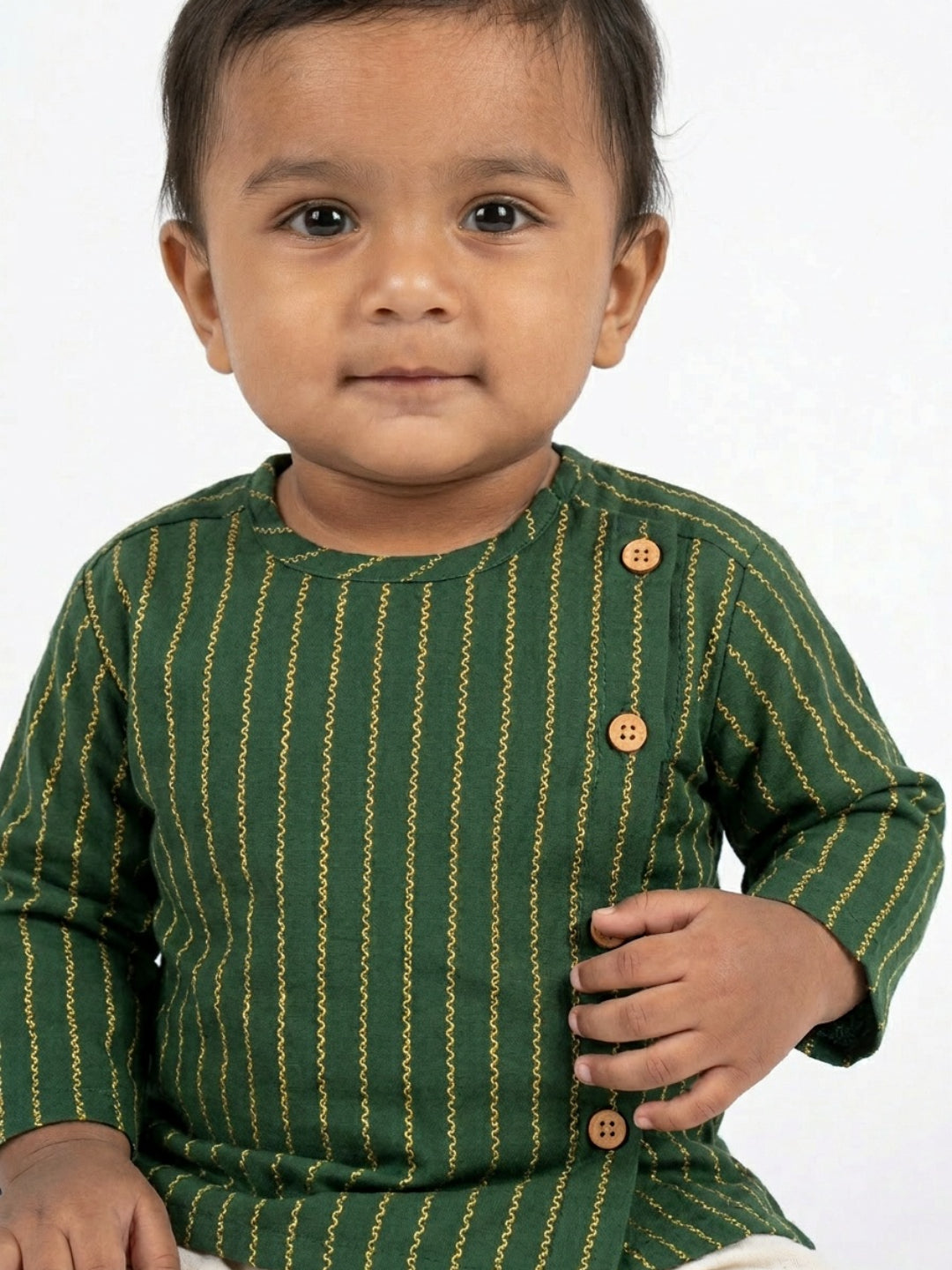 Infants round neck Vertical stripe design Green color cotton dhoti kurta set with side button closure | SHOBITAM
