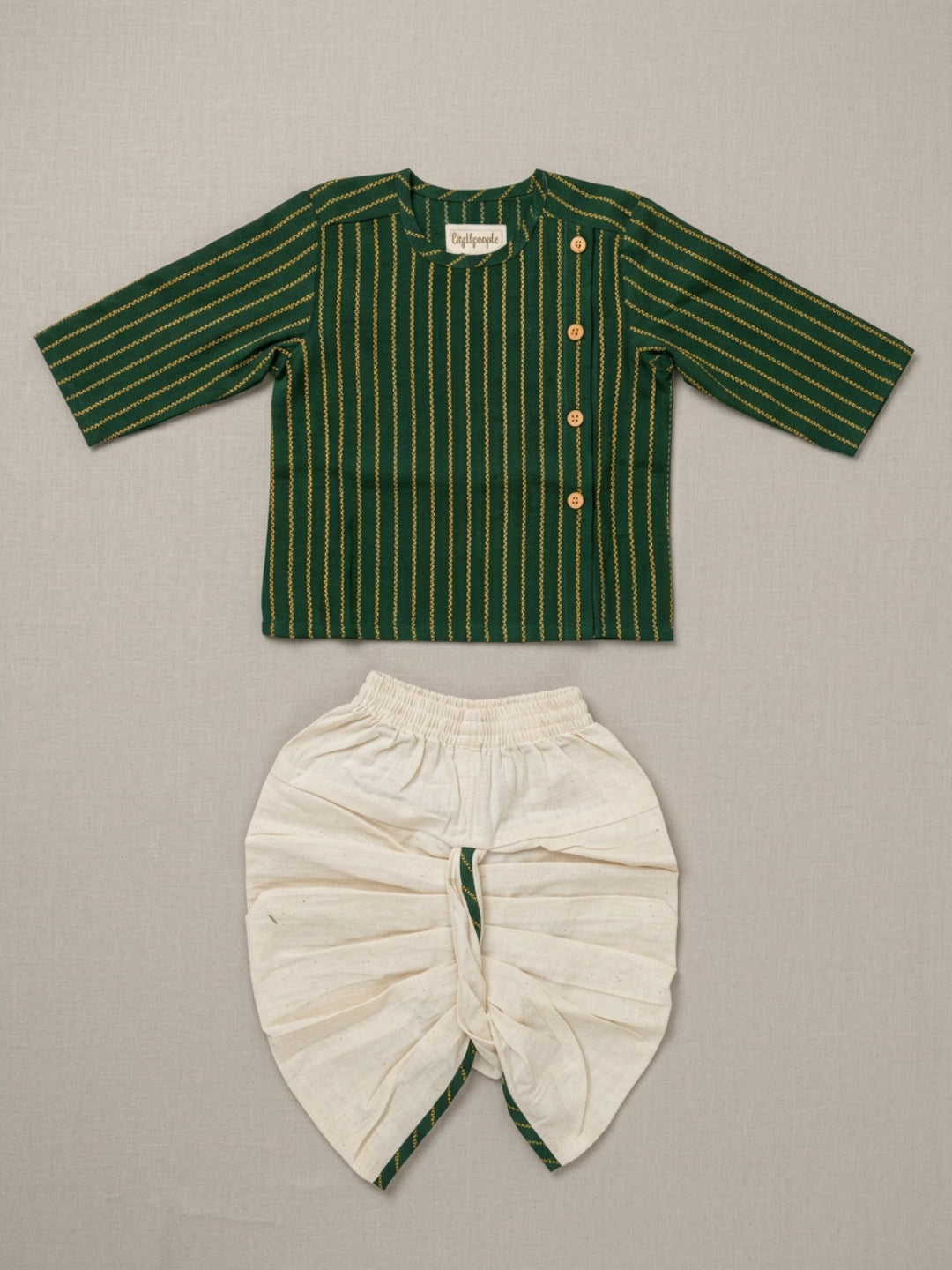 Infants round neck Vertical stripe design Green color cotton dhoti kurta set with side button closure | SHOBITAM