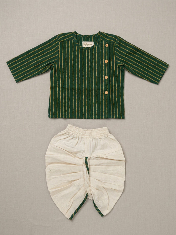 Infants round neck Vertical stripe design Green color cotton dhoti kurta set with side button closure | SHOBITAM