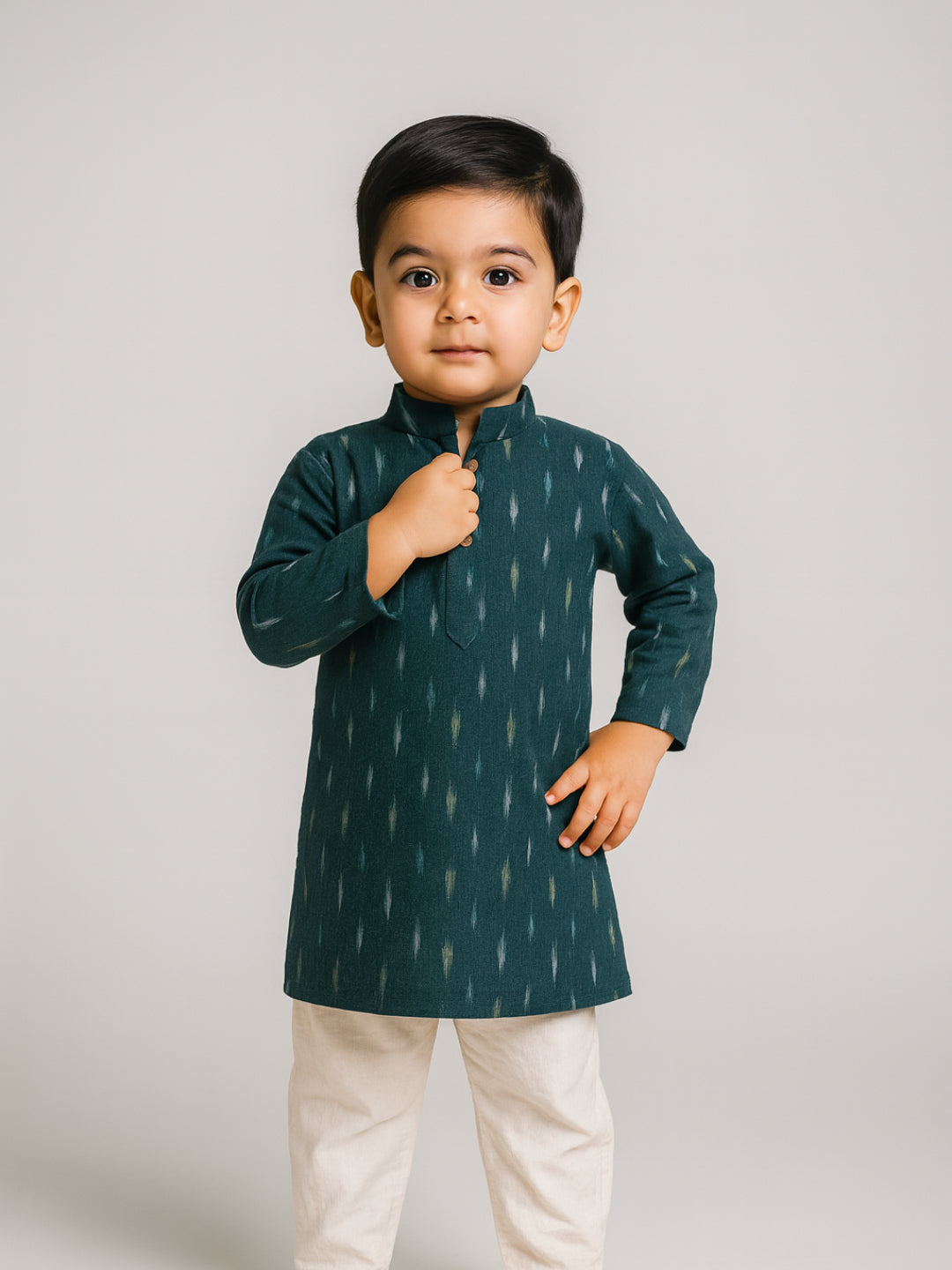 Boys Printed Mandarin Collar Full Sleeves Kurta and Pyjama Set | SHOBITAM