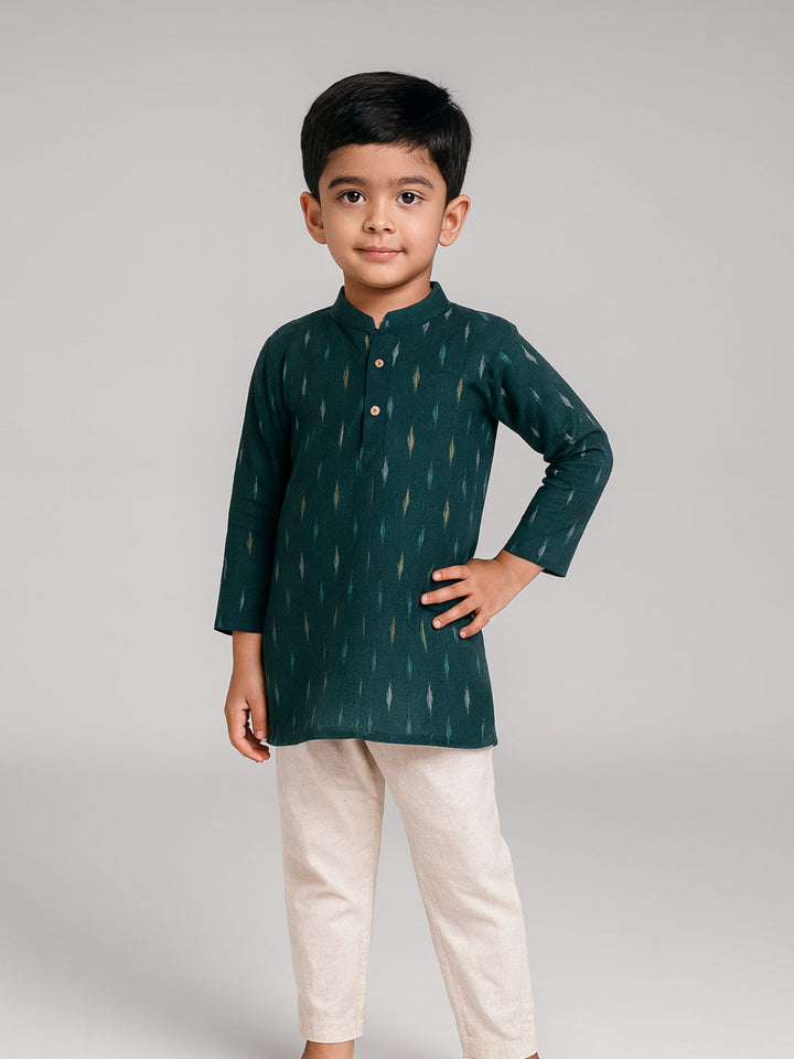 Boys Printed Mandarin Collar Full Sleeves Kurta and Pyjama Set | SHOBITAM