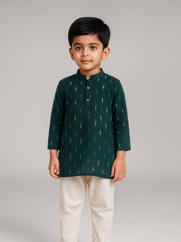 Boys Printed Mandarin Collar Full Sleeves Kurta and Pyjama Set | SHOBITAM