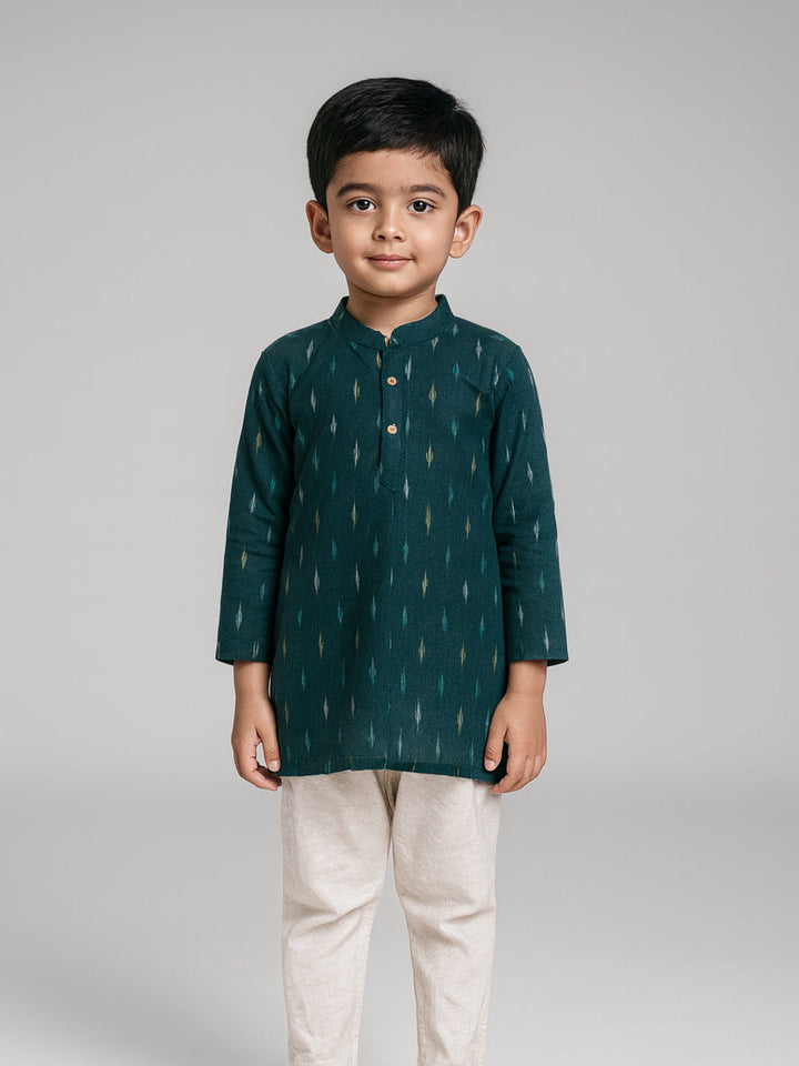 Boys Printed Mandarin Collar Full Sleeves Kurta and Pyjama Set | SHOBITAM